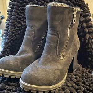 Women's Black Suede Zipper Ankle Boots with Block Heel